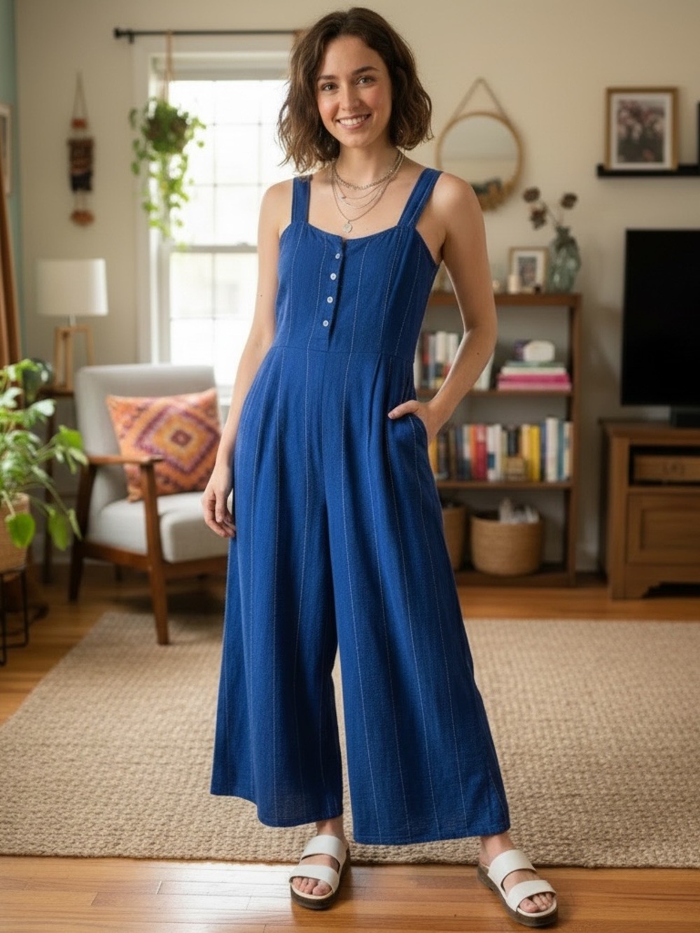 Billabong Royal Blue Wide-Leg Jumpsuit with Button Front